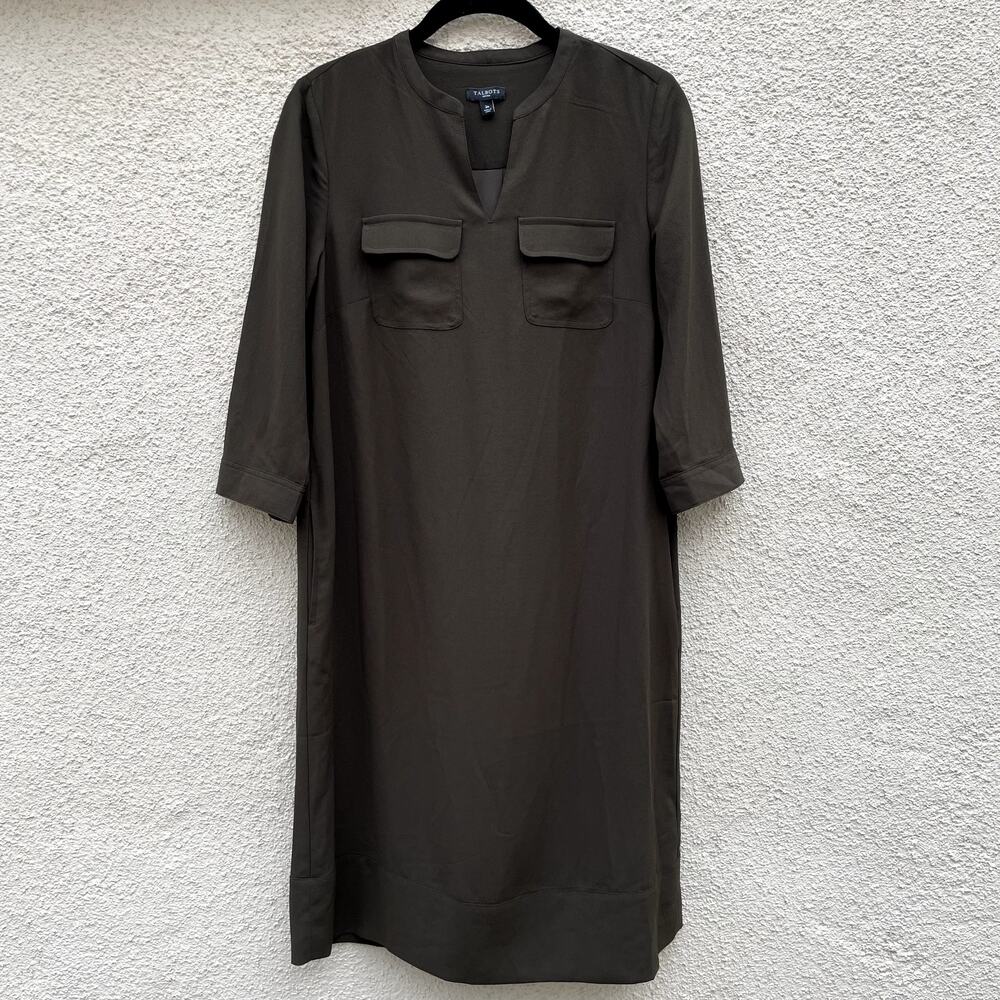 Talbots Green 3/4 Sleeve Shirtdress 2P Olive Brown